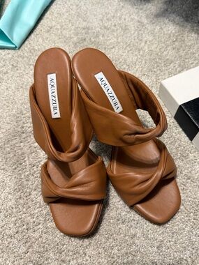 Aquazzura Cognac Brown Twisted Leather Heeled Sandals
